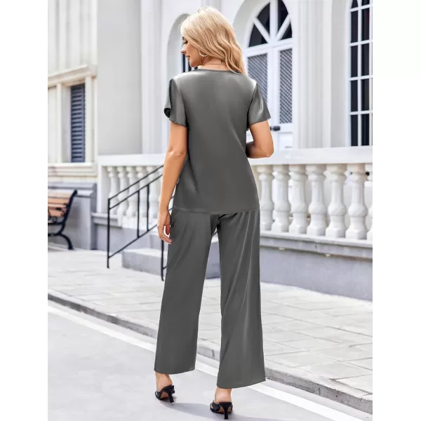 Ekouaer Silk Pajamas Satin 2 Piece Short Sleeve Top and Long Pants Pj Sets Silky Lounge Sets for WomenDark Grey