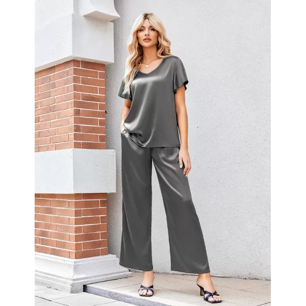 Ekouaer Silk Pajamas Satin 2 Piece Short Sleeve Top and Long Pants Pj Sets Silky Lounge Sets for WomenDark Grey