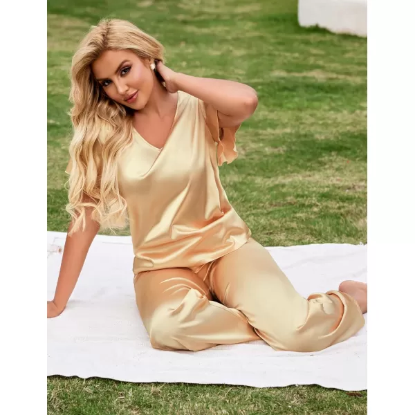 Ekouaer Silk Pajamas Satin 2 Piece Short Sleeve Top and Long Pants Pj Sets Silky Lounge Sets for WomenKhaki