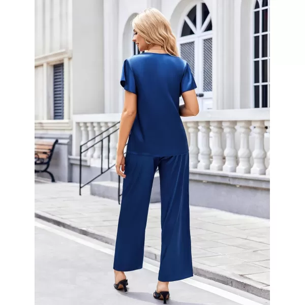 Ekouaer Silk Pajamas Satin 2 Piece Short Sleeve Top and Long Pants Pj Sets Silky Lounge Sets for WomenNavy Blue