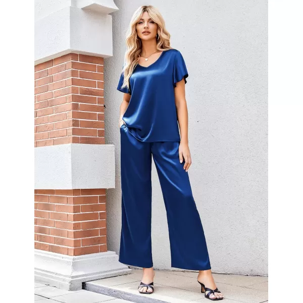 Ekouaer Silk Pajamas Satin 2 Piece Short Sleeve Top and Long Pants Pj Sets Silky Lounge Sets for WomenNavy Blue