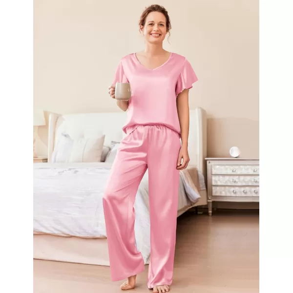 Ekouaer Silk Pajamas Satin 2 Piece Short Sleeve Top and Long Pants Pj Sets Silky Lounge Sets for WomenPink