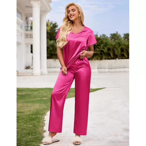 Ekouaer Silk Pajamas Satin 2 Piece Short Sleeve Top and Long Pants Pj Sets Silky Lounge Sets for WomenRose Red