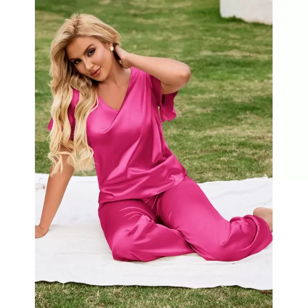 Ekouaer Silk Pajamas Satin 2 Piece Short Sleeve Top and Long Pants Pj Sets Silky Lounge Sets for WomenRose Red