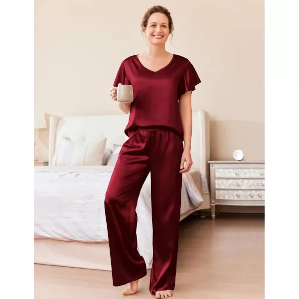 Ekouaer Silk Pajamas Satin 2 Piece Short Sleeve Top and Long Pants Pj Sets Silky Lounge Sets for WomenWine Red