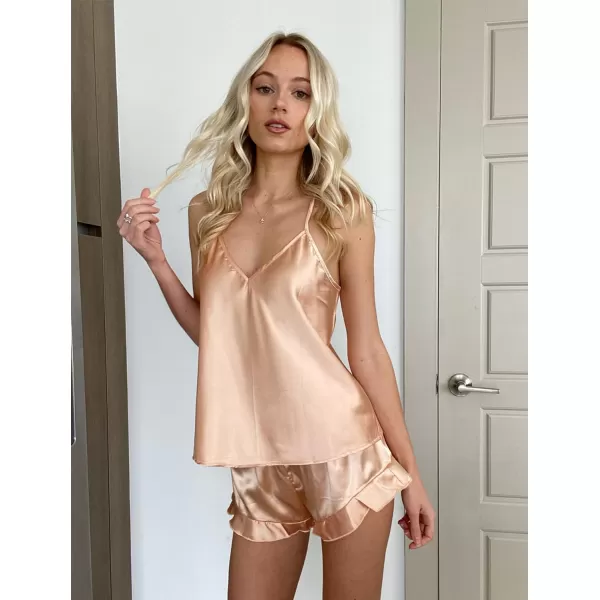 Ekouaer Silk Pajamas Set Women Satin Ruffle Sleepwear Camisole Lingerie 2 Piece PjsAchampagne