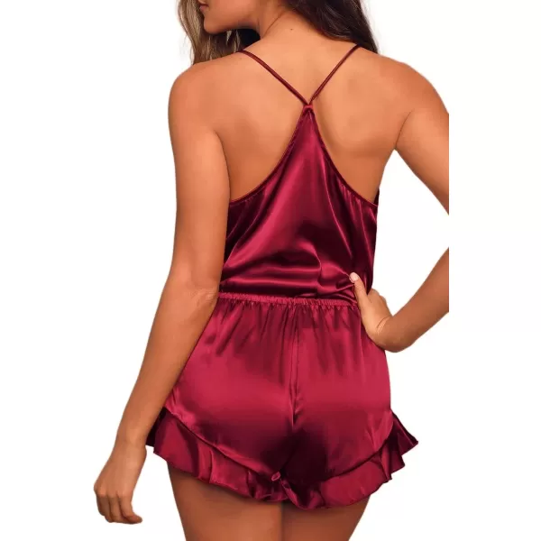 Ekouaer Silk Pajamas Set Women Satin Ruffle Sleepwear Camisole Lingerie 2 Piece PjsAwine Red