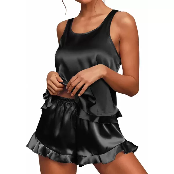 Ekouaer Silk Pajamas Set Women Satin Ruffled Tank Tops Shorts Sets Sleepwear Nightwear SXXLBlack