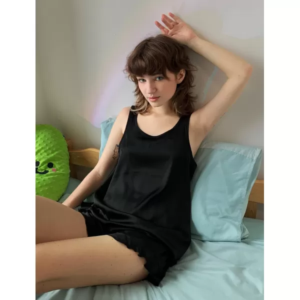 Ekouaer Silk Pajamas Set Women Satin Ruffled Tank Tops Shorts Sets Sleepwear Nightwear SXXLBlack