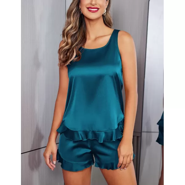 Ekouaer Silk Pajamas Set Women Satin Ruffled Tank Tops Shorts Sets Sleepwear Nightwear SXXLBlue Green