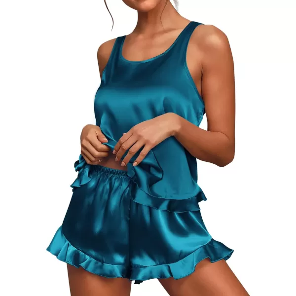 Ekouaer Silk Pajamas Set Women Satin Ruffled Tank Tops Shorts Sets Sleepwear Nightwear SXXLBlue Green