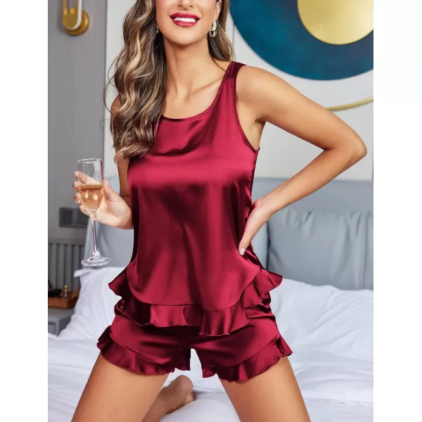 Ekouaer Silk Pajamas Set Women Satin Ruffled Tank Tops Shorts Sets Sleepwear Nightwear SXXLBurgundy