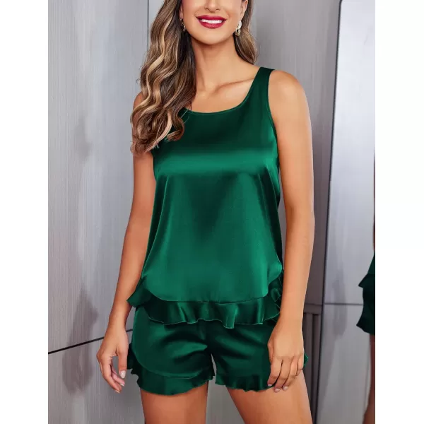 Ekouaer Silk Pajamas Set Women Satin Ruffled Tank Tops Shorts Sets Sleepwear Nightwear SXXLGreen