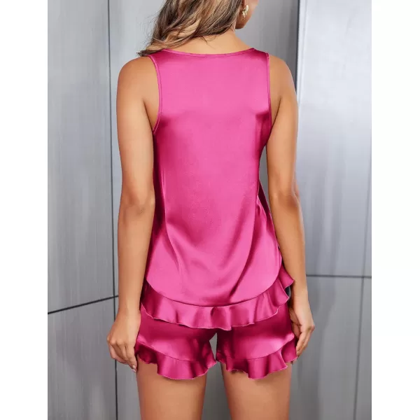 Ekouaer Silk Pajamas Set Women Satin Ruffled Tank Tops Shorts Sets Sleepwear Nightwear SXXLHot Pink