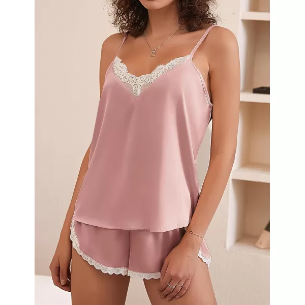 Ekouaer Silk Pajamas Set Womens Lace Cami Tops and Shorts Satin Lingerie V Neck Sleepwear XSXXL01pink