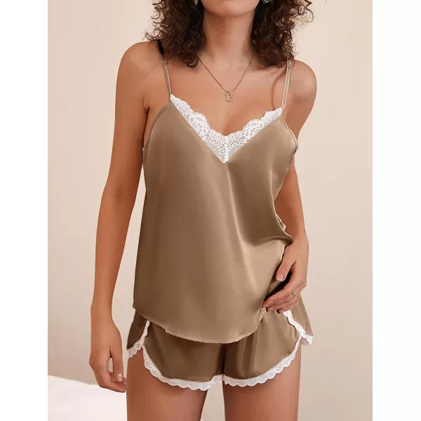 Ekouaer Silk Pajamas Set Womens Lace Cami Tops and Shorts Satin Lingerie V Neck Sleepwear XSXXL02camel