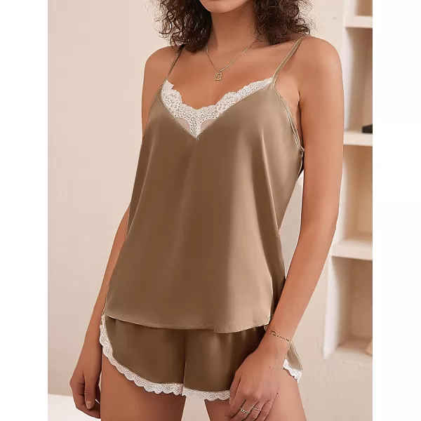 Ekouaer Silk Pajamas Set Womens Lace Cami Tops and Shorts Satin Lingerie V Neck Sleepwear XSXXL02camel