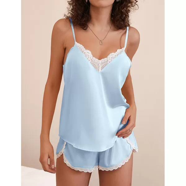 Ekouaer Silk Pajamas Set Womens Lace Cami Tops and Shorts Satin Lingerie V Neck Sleepwear XSXXL02light Blue