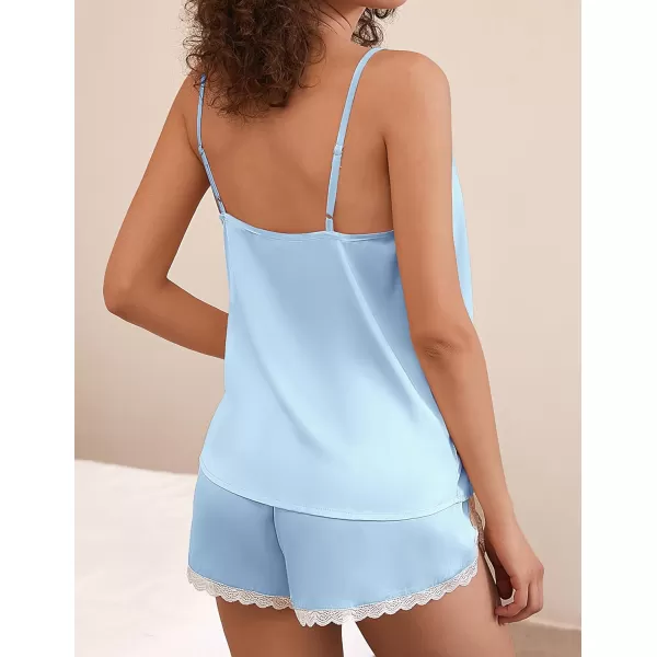 Ekouaer Silk Pajamas Set Womens Lace Cami Tops and Shorts Satin Lingerie V Neck Sleepwear XSXXL02light Blue