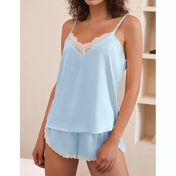 Ekouaer Silk Pajamas Set Womens Lace Cami Tops and Shorts Satin Lingerie V Neck Sleepwear XSXXL02light Blue