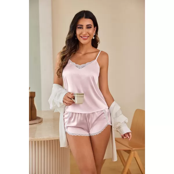 Ekouaer Silk Pajamas Set Womens Lace Cami Tops and Shorts Satin Lingerie V Neck Sleepwear XSXXL02pastel Pink