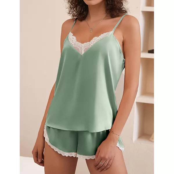 Ekouaer Silk Pajamas Set Womens Lace Cami Tops and Shorts Satin Lingerie V Neck Sleepwear XSXXL02pea Green