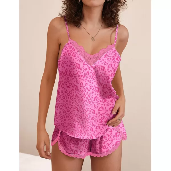 Ekouaer Silk Pajamas Set Womens Lace Cami Tops and Shorts Satin Lingerie V Neck Sleepwear XSXXL03hot Pink Leopard