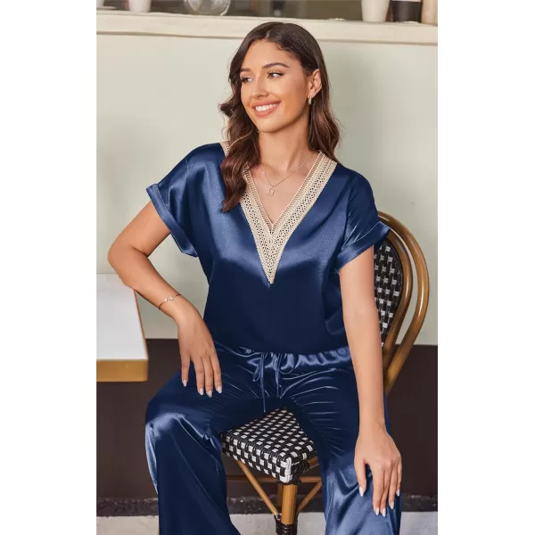 Ekouaer Silk Pajamas Set Womens Lace V Neck Loungewear Short Sleeve Satin Shirt with Long Pant Silky PjsAnavy Blue