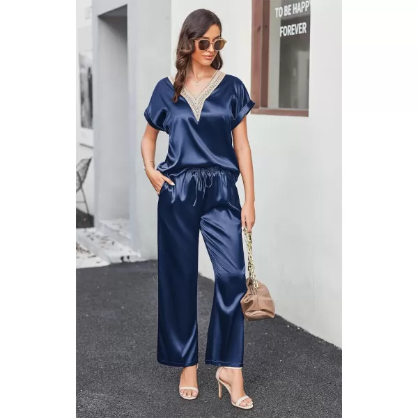 Ekouaer Silk Pajamas Set Womens Lace V Neck Loungewear Short Sleeve Satin Shirt with Long Pant Silky PjsAnavy Blue