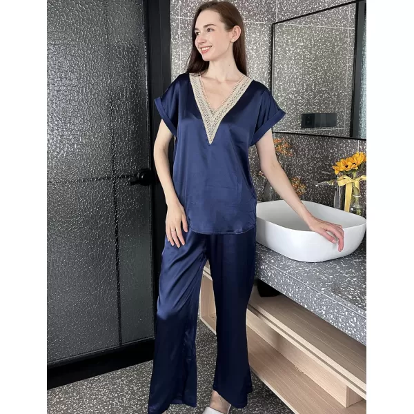 Ekouaer Silk Pajamas Set Womens Lace V Neck Loungewear Short Sleeve Satin Shirt with Long Pant Silky PjsAnavy Blue