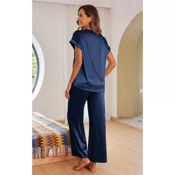 Ekouaer Silk Pajamas Set Womens Lace V Neck Loungewear Short Sleeve Satin Shirt with Long Pant Silky PjsAnavy Blue