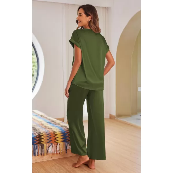 Ekouaer Silk Pajamas Set Womens Lace V Neck Loungewear Short Sleeve Satin Shirt with Long Pant Silky PjsArmy Green