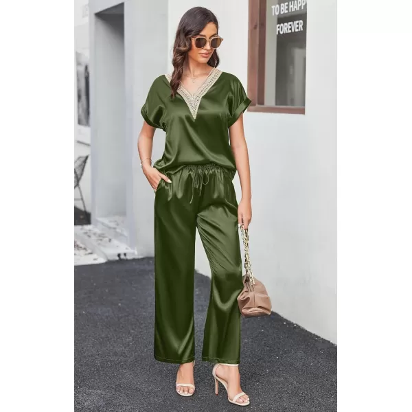 Ekouaer Silk Pajamas Set Womens Lace V Neck Loungewear Short Sleeve Satin Shirt with Long Pant Silky PjsArmy Green