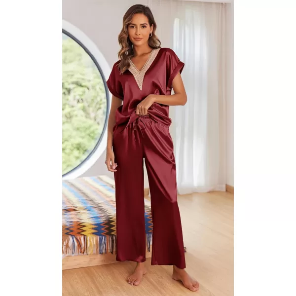 Ekouaer Silk Pajamas Set Womens Lace V Neck Loungewear Short Sleeve Satin Shirt with Long Pant Silky PjsAwine Red