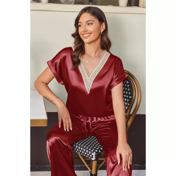 Ekouaer Silk Pajamas Set Womens Lace V Neck Loungewear Short Sleeve Satin Shirt with Long Pant Silky PjsAwine Red