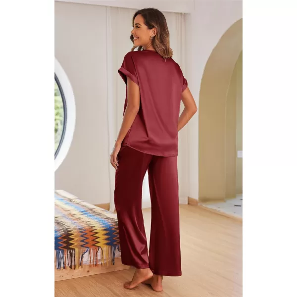 Ekouaer Silk Pajamas Set Womens Lace V Neck Loungewear Short Sleeve Satin Shirt with Long Pant Silky PjsAwine Red