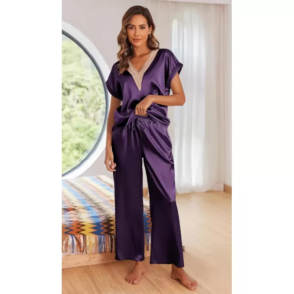 Ekouaer Silk Pajamas Set Womens Lace V Neck Loungewear Short Sleeve Satin Shirt with Long Pant Silky PjsAwineberry