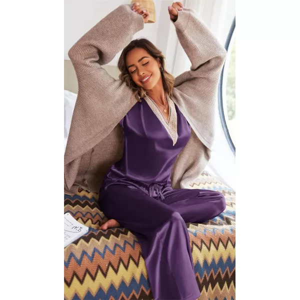 Ekouaer Silk Pajamas Set Womens Lace V Neck Loungewear Short Sleeve Satin Shirt with Long Pant Silky PjsAwineberry