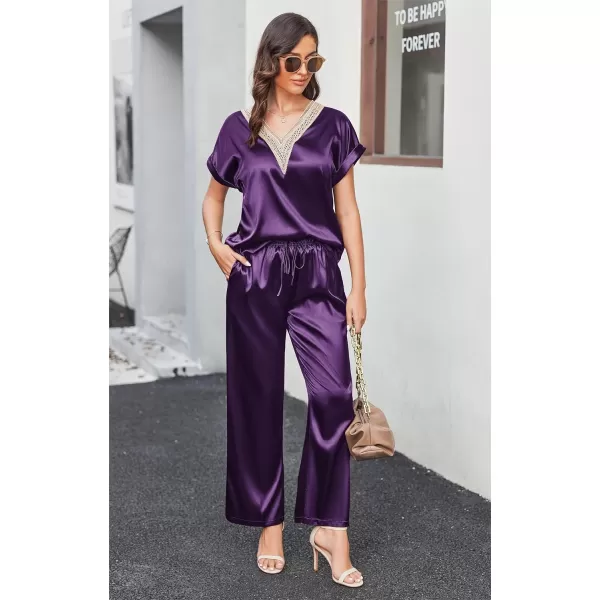 Ekouaer Silk Pajamas Set Womens Lace V Neck Loungewear Short Sleeve Satin Shirt with Long Pant Silky PjsAwineberry