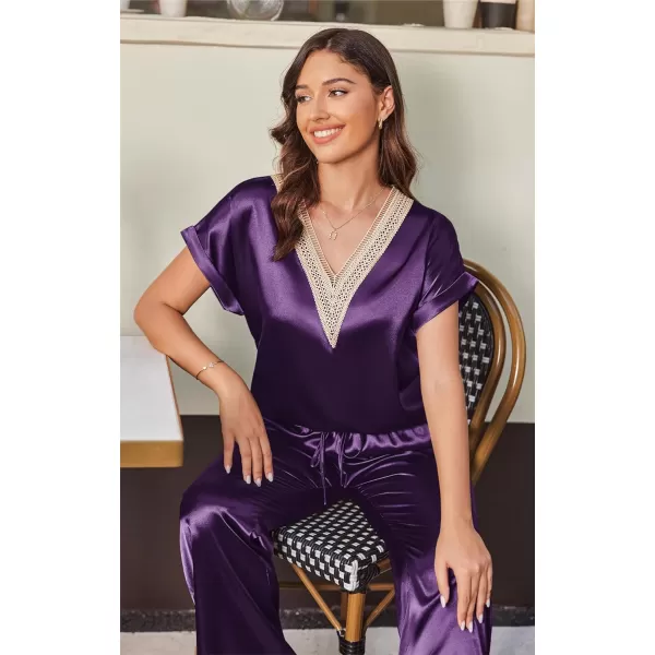 Ekouaer Silk Pajamas Set Womens Lace V Neck Loungewear Short Sleeve Satin Shirt with Long Pant Silky PjsAwineberry