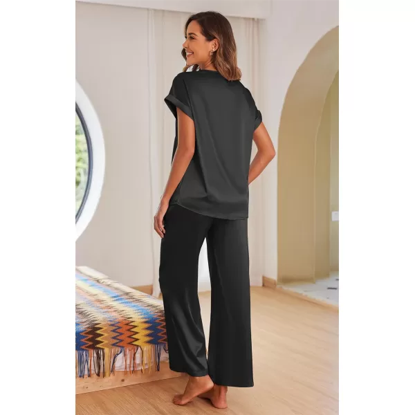 Ekouaer Silk Pajamas Set Womens Lace V Neck Loungewear Short Sleeve Satin Shirt with Long Pant Silky PjsBlack