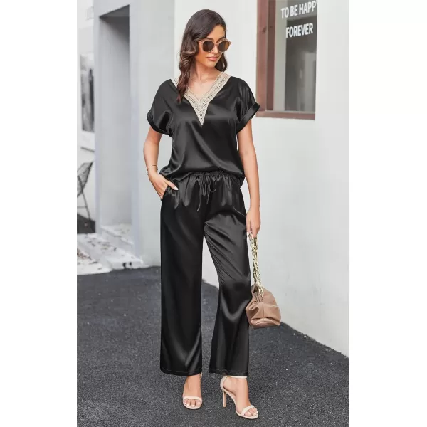 Ekouaer Silk Pajamas Set Womens Lace V Neck Loungewear Short Sleeve Satin Shirt with Long Pant Silky PjsBlack