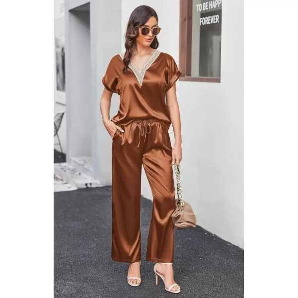 Ekouaer Silk Pajamas Set Womens Lace V Neck Loungewear Short Sleeve Satin Shirt with Long Pant Silky PjsClay