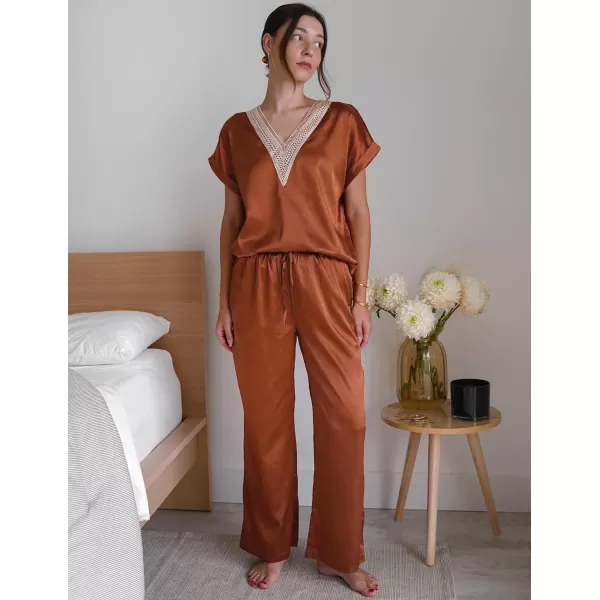 Ekouaer Silk Pajamas Set Womens Lace V Neck Loungewear Short Sleeve Satin Shirt with Long Pant Silky PjsClay