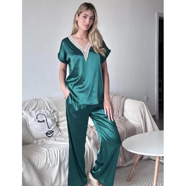 Ekouaer Silk Pajamas Set Womens Lace V Neck Loungewear Short Sleeve Satin Shirt with Long Pant Silky PjsDark Peacock Blue