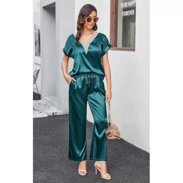 Ekouaer Silk Pajamas Set Womens Lace V Neck Loungewear Short Sleeve Satin Shirt with Long Pant Silky PjsDark Peacock Blue