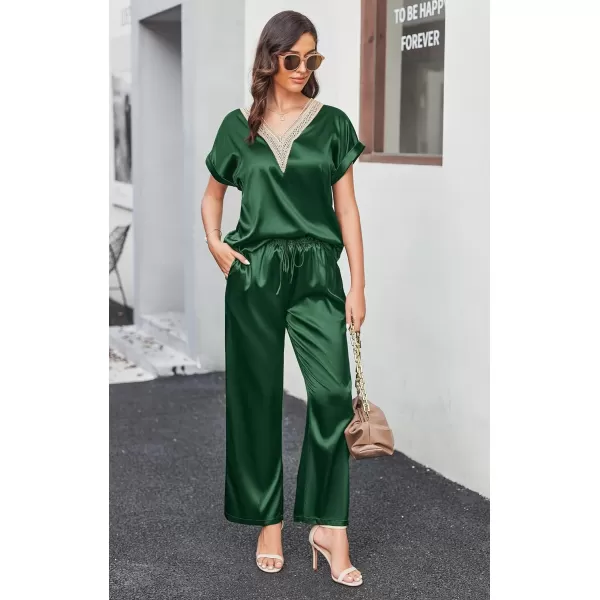 Ekouaer Silk Pajamas Set Womens Lace V Neck Loungewear Short Sleeve Satin Shirt with Long Pant Silky PjsEvergreen