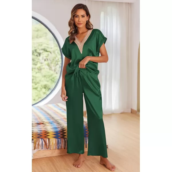 Ekouaer Silk Pajamas Set Womens Lace V Neck Loungewear Short Sleeve Satin Shirt with Long Pant Silky PjsEvergreen