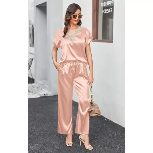 Ekouaer Silk Pajamas Set Womens Lace V Neck Loungewear Short Sleeve Satin Shirt with Long Pant Silky PjsLight Pink