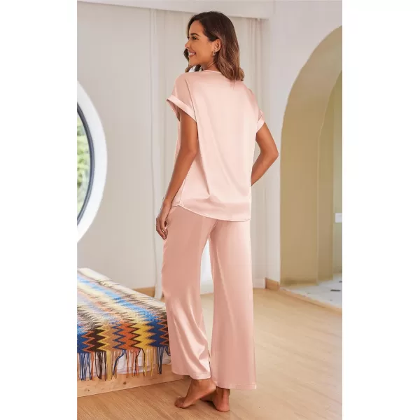 Ekouaer Silk Pajamas Set Womens Lace V Neck Loungewear Short Sleeve Satin Shirt with Long Pant Silky PjsLight Pink